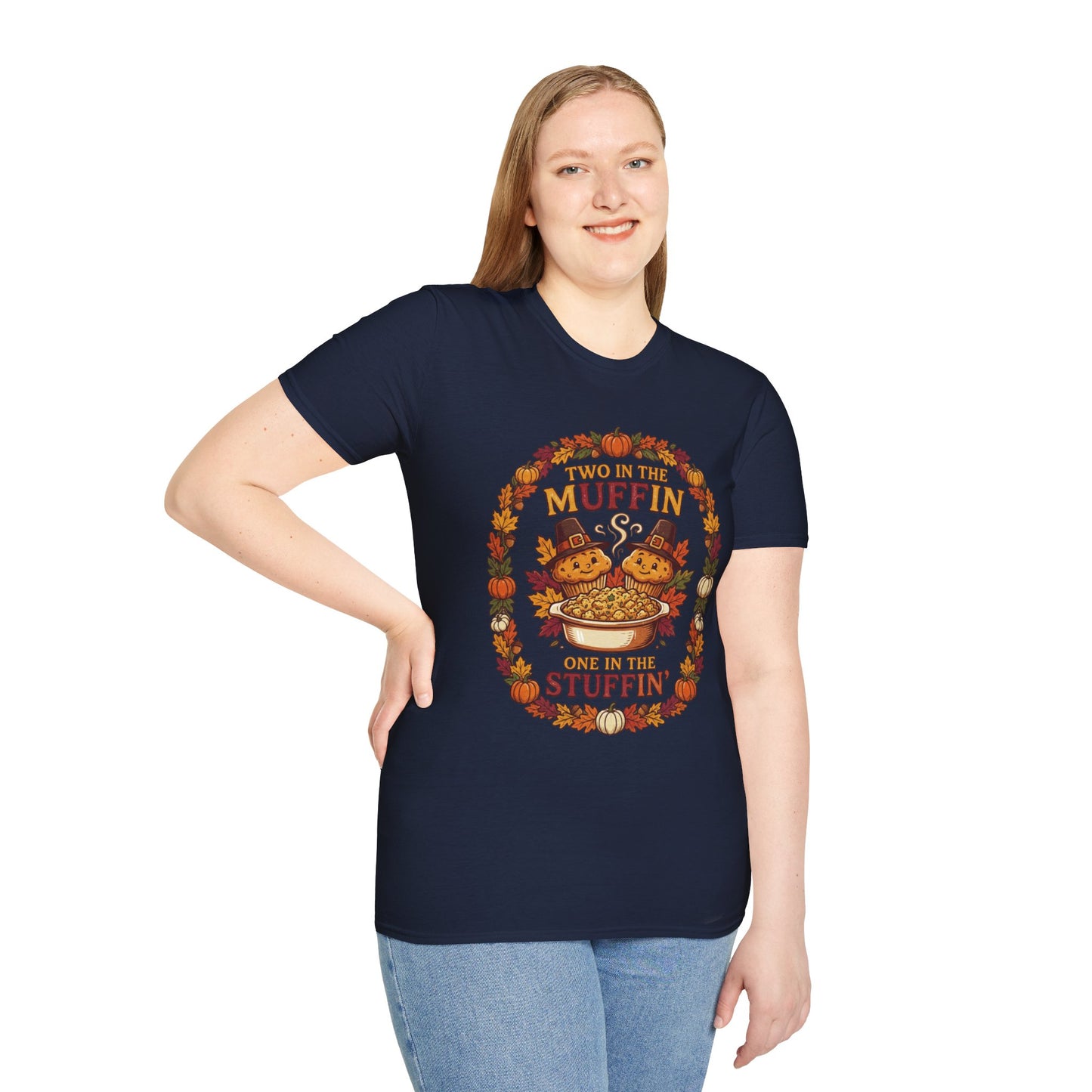 Thanksgiving T-Shirt "Two in the Muffin, One in the Stuffin'" — Cute Pilgrim Turkey Fall Graphic Tee