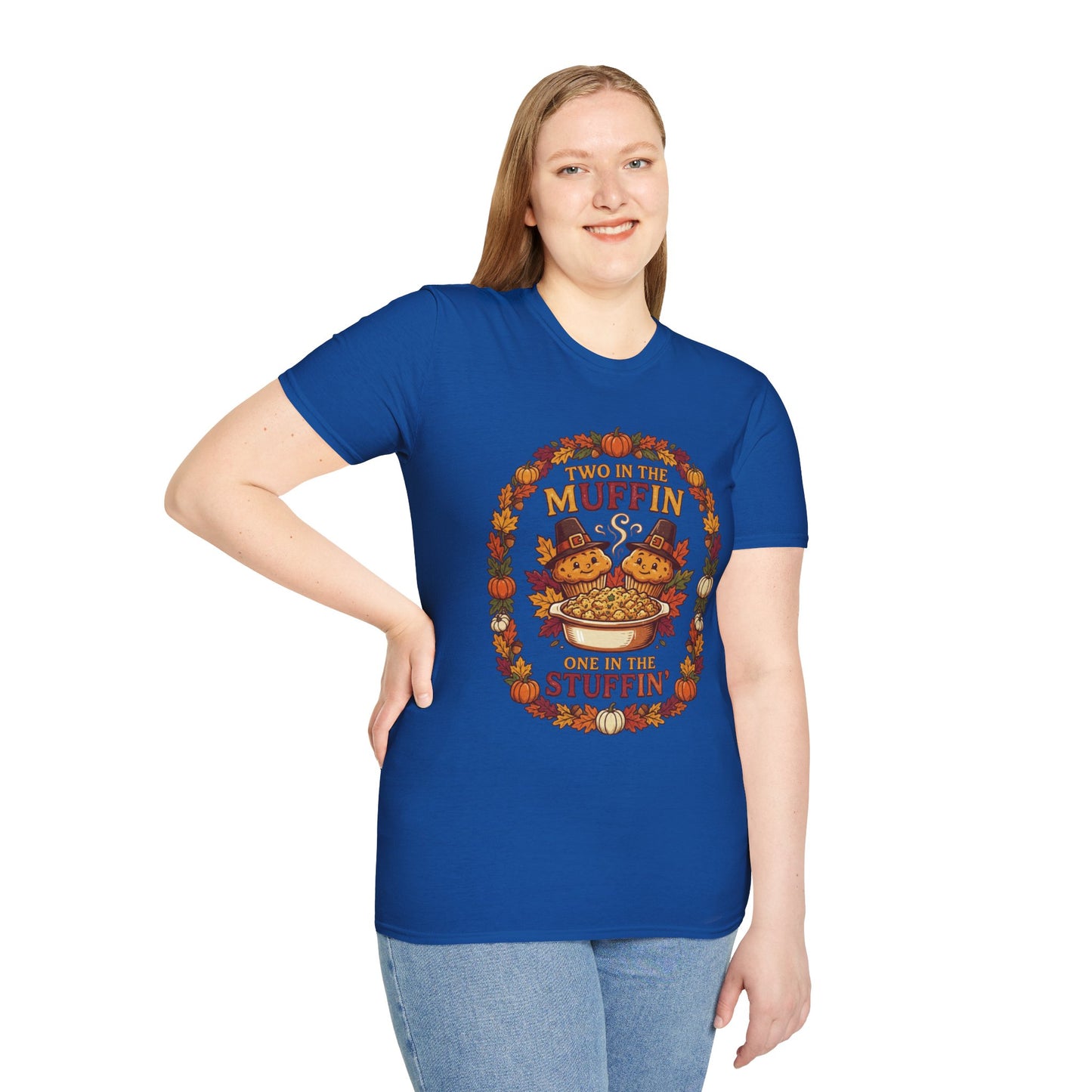 Thanksgiving T-Shirt "Two in the Muffin, One in the Stuffin'" — Cute Pilgrim Turkey Fall Graphic Tee