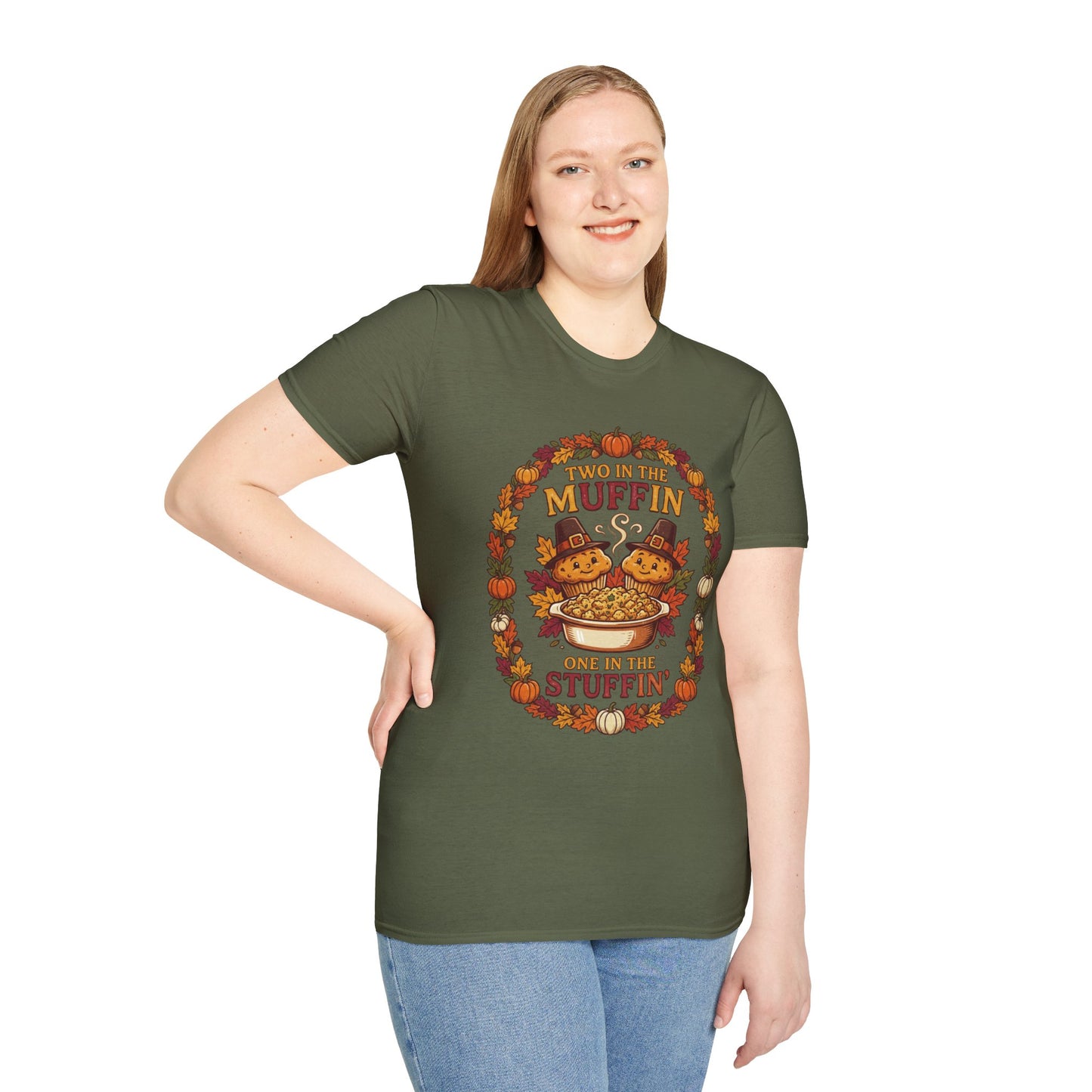 Thanksgiving T-Shirt "Two in the Muffin, One in the Stuffin'" — Cute Pilgrim Turkey Fall Graphic Tee