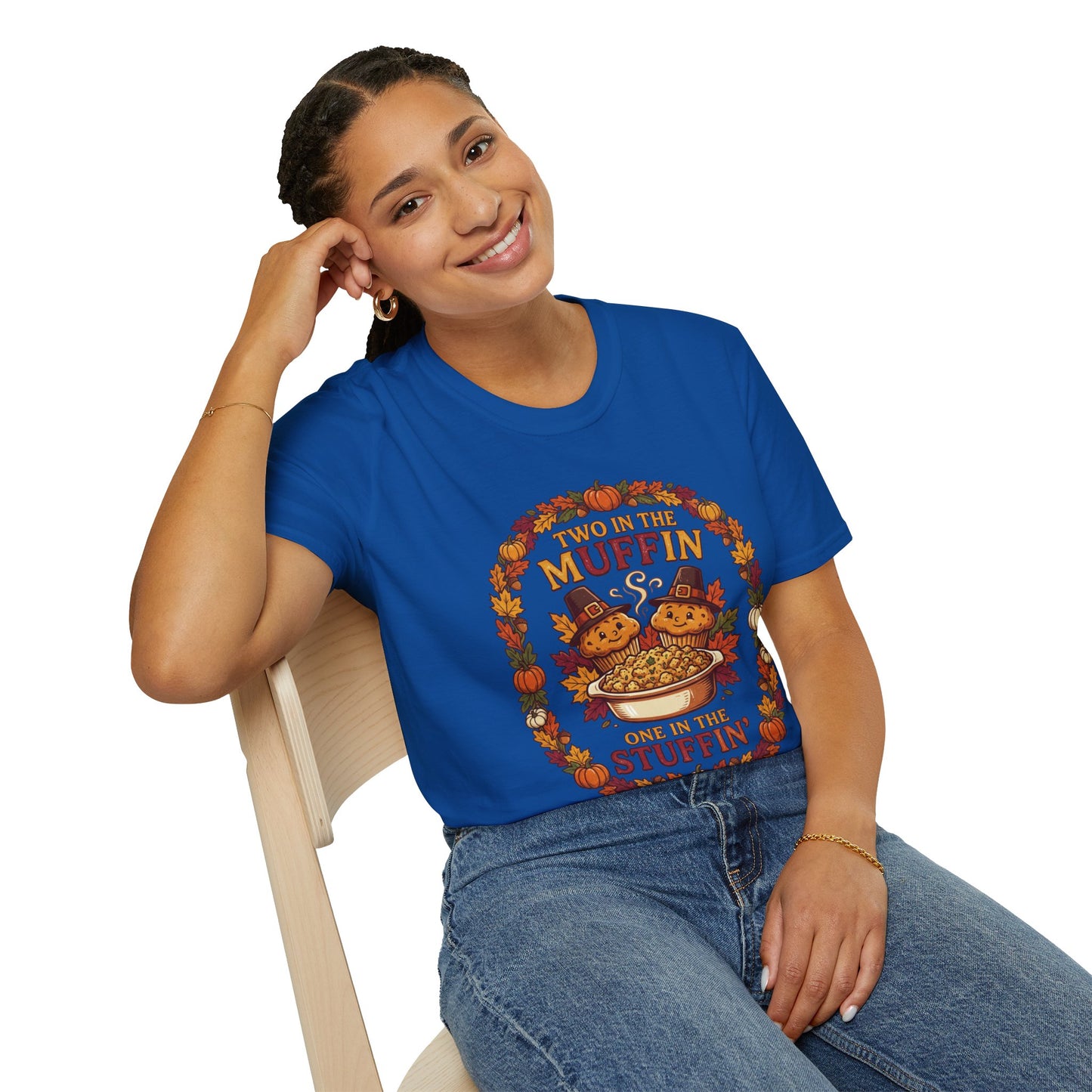 Thanksgiving T-Shirt "Two in the Muffin, One in the Stuffin'" — Cute Pilgrim Turkey Fall Graphic Tee