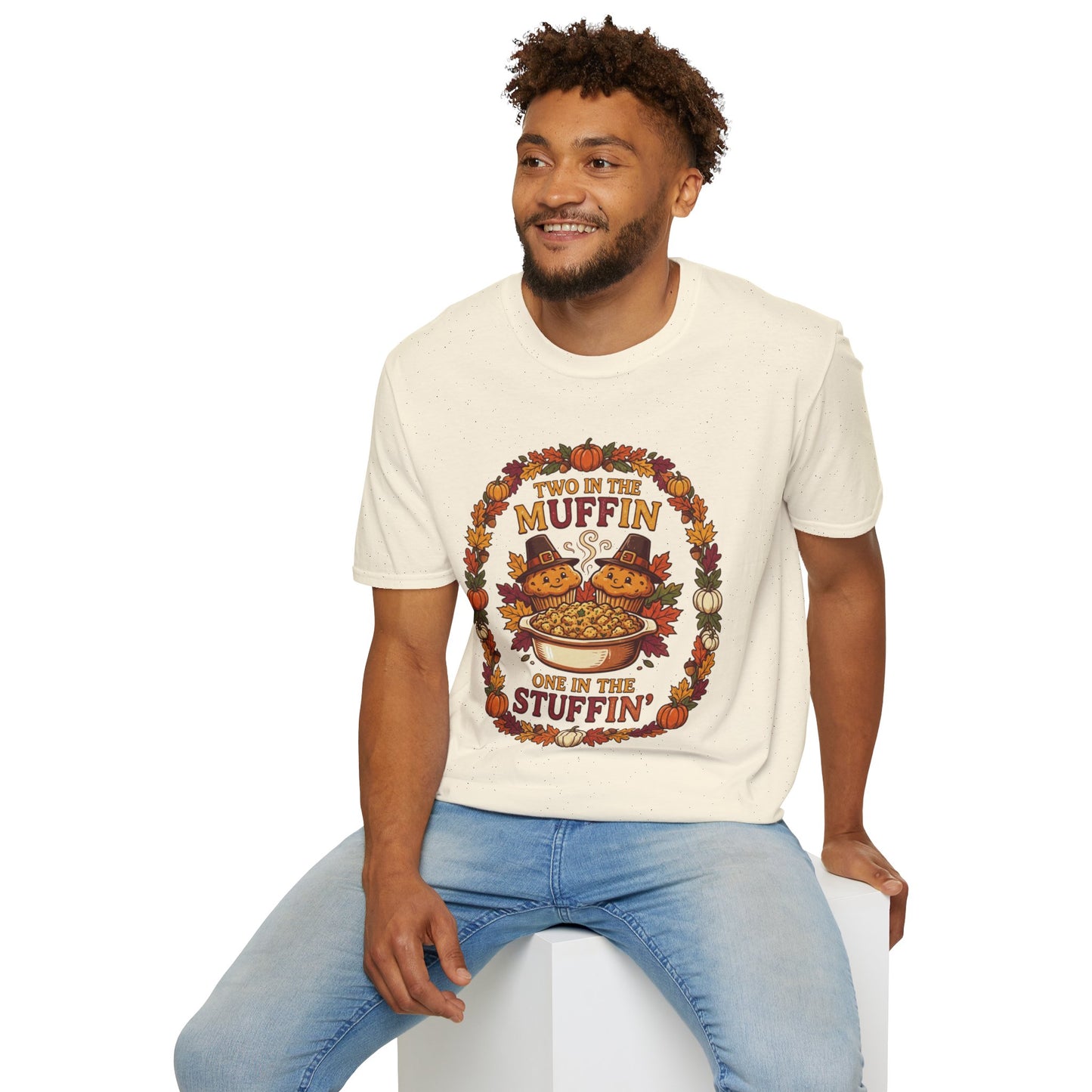 Thanksgiving T-Shirt "Two in the Muffin, One in the Stuffin'" — Cute Pilgrim Turkey Fall Graphic Tee