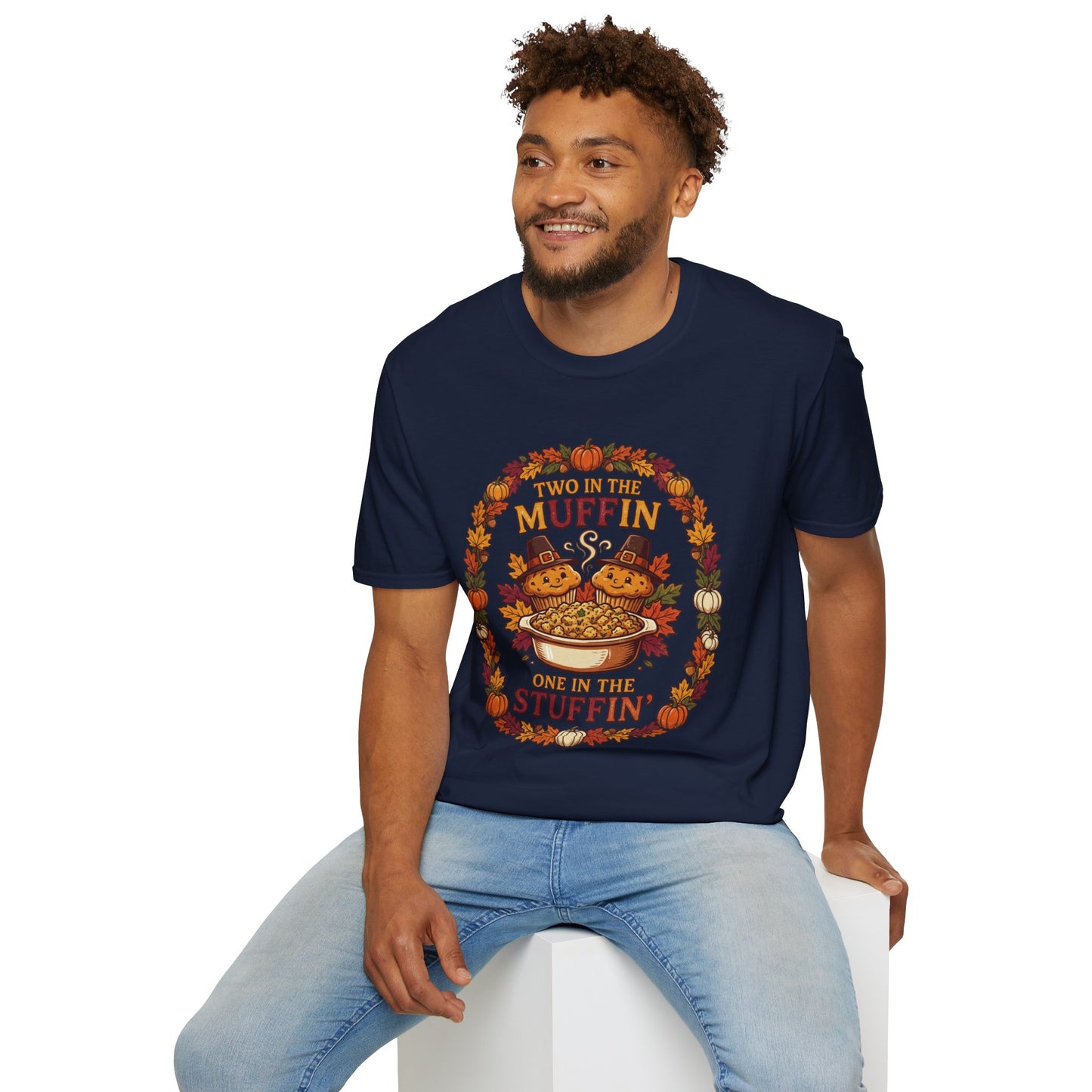 Thanksgiving T-Shirt "Two in the Muffin, One in the Stuffin'" — Cute Pilgrim Turkey Fall Graphic Tee
