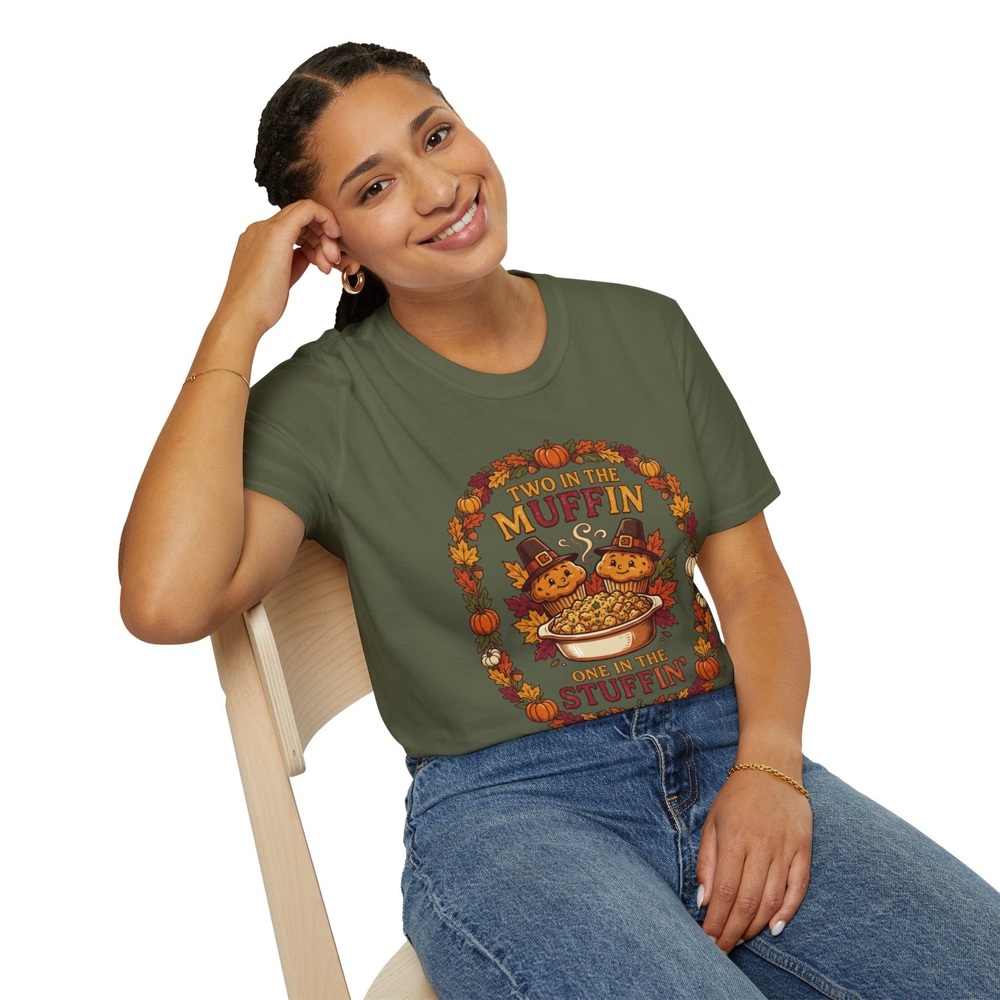 Thanksgiving T-Shirt "Two in the Muffin, One in the Stuffin'" — Cute Pilgrim Turkey Fall Graphic Tee