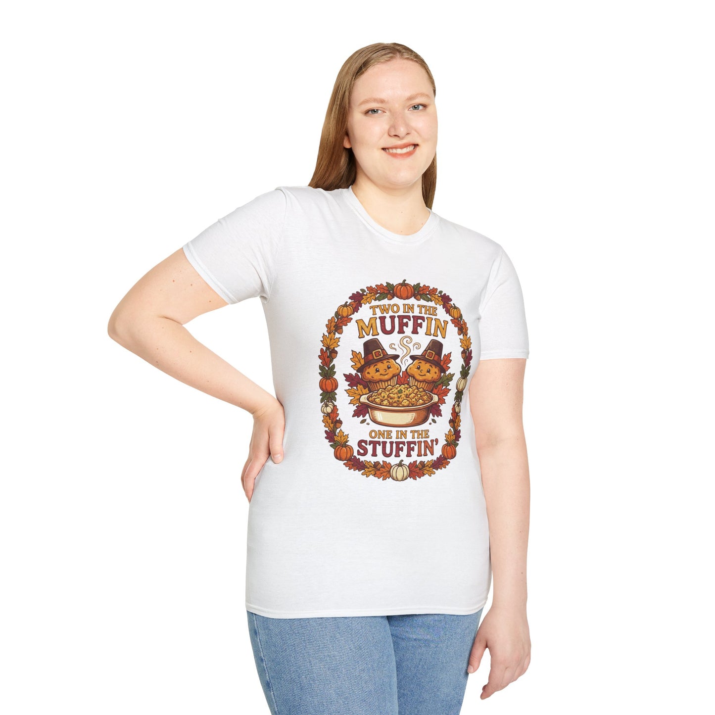 Thanksgiving T-Shirt "Two in the Muffin, One in the Stuffin'" — Cute Pilgrim Turkey Fall Graphic Tee