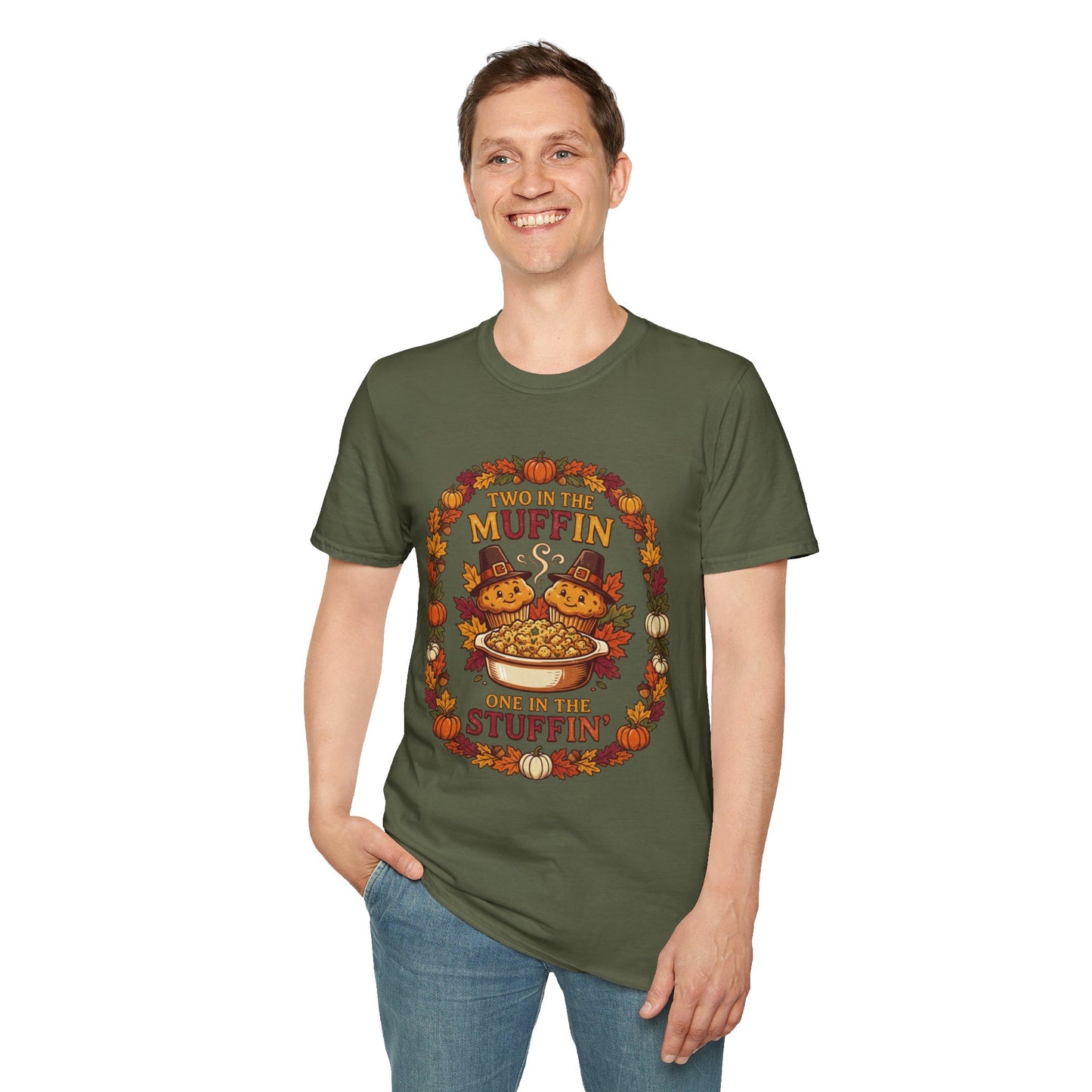 Thanksgiving T-Shirt "Two in the Muffin, One in the Stuffin'" — Cute Pilgrim Turkey Fall Graphic Tee