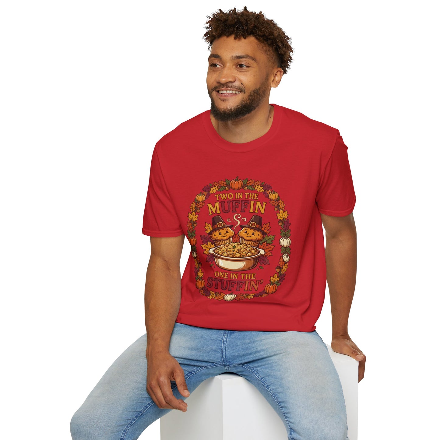 Thanksgiving T-Shirt "Two in the Muffin, One in the Stuffin'" — Cute Pilgrim Turkey Fall Graphic Tee