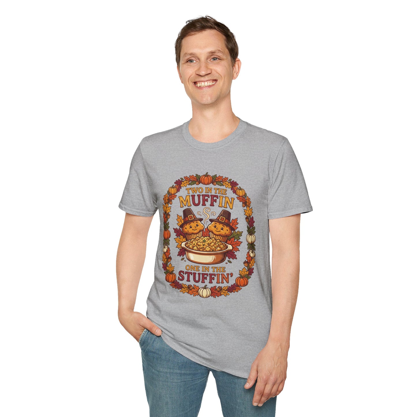 Thanksgiving T-Shirt "Two in the Muffin, One in the Stuffin'" — Cute Pilgrim Turkey Fall Graphic Tee