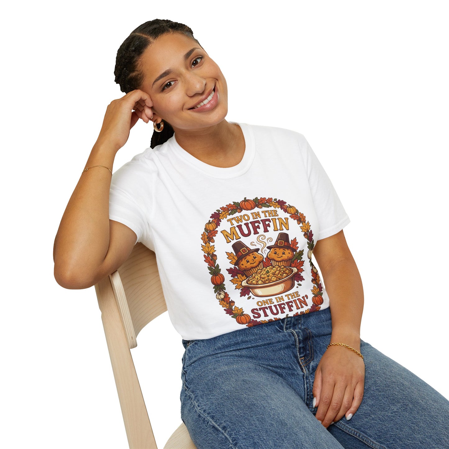 Thanksgiving T-Shirt "Two in the Muffin, One in the Stuffin'" — Cute Pilgrim Turkey Fall Graphic Tee