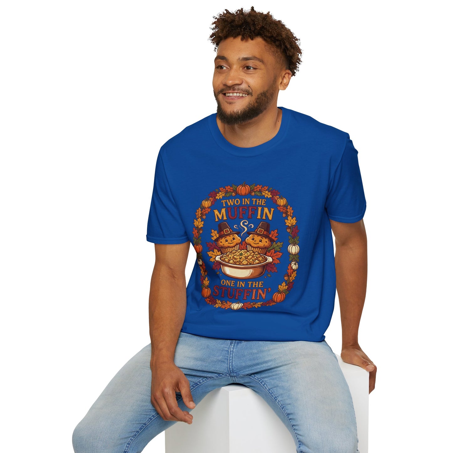 Thanksgiving T-Shirt "Two in the Muffin, One in the Stuffin'" — Cute Pilgrim Turkey Fall Graphic Tee