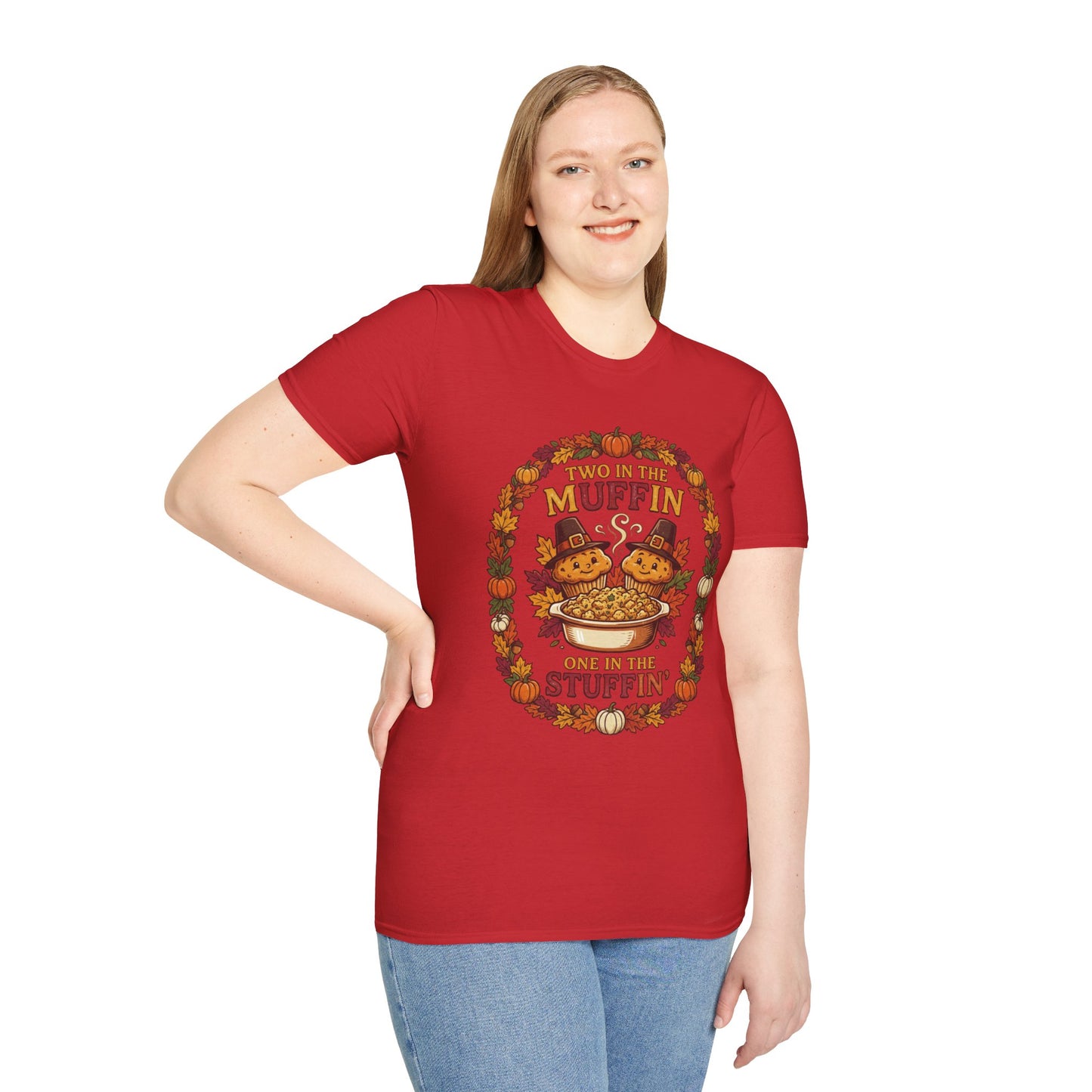 Thanksgiving T-Shirt "Two in the Muffin, One in the Stuffin'" — Cute Pilgrim Turkey Fall Graphic Tee