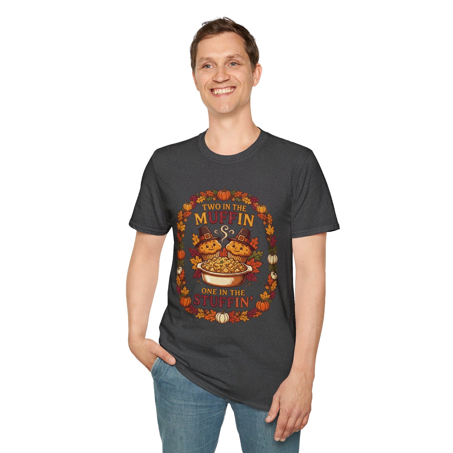 Thanksgiving T-Shirt "Two in the Muffin, One in the Stuffin'" — Cute Pilgrim Turkey Fall Graphic Tee