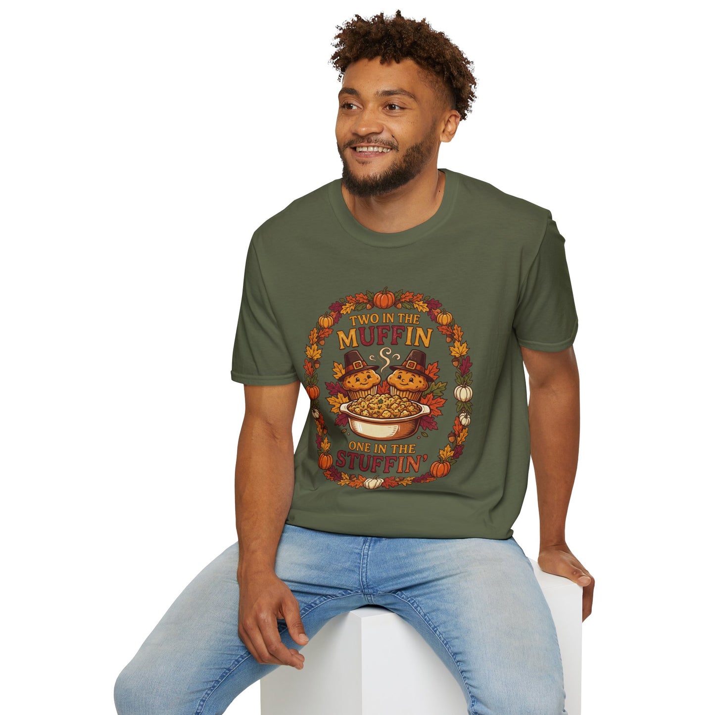 Thanksgiving T-Shirt "Two in the Muffin, One in the Stuffin'" — Cute Pilgrim Turkey Fall Graphic Tee