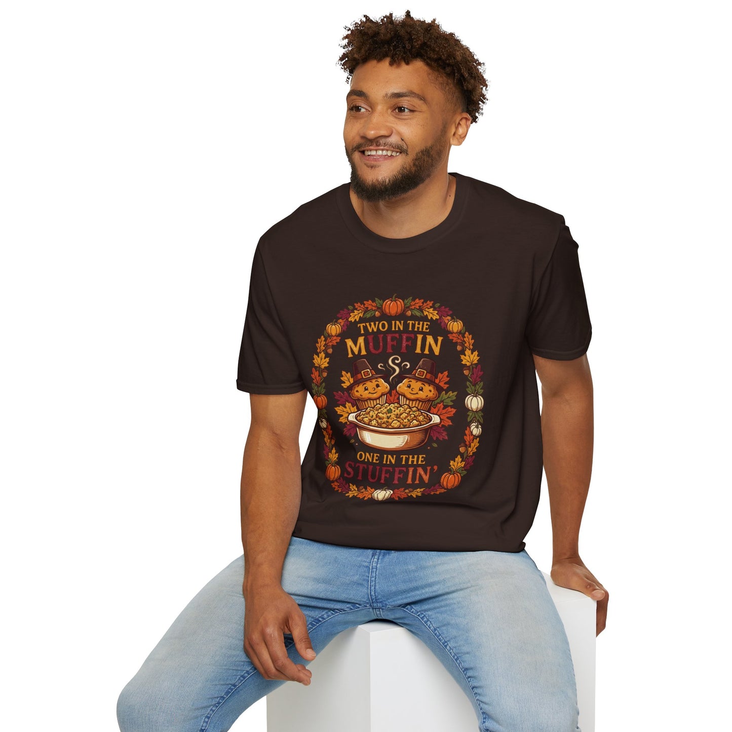 Thanksgiving T-Shirt "Two in the Muffin, One in the Stuffin'" — Cute Pilgrim Turkey Fall Graphic Tee