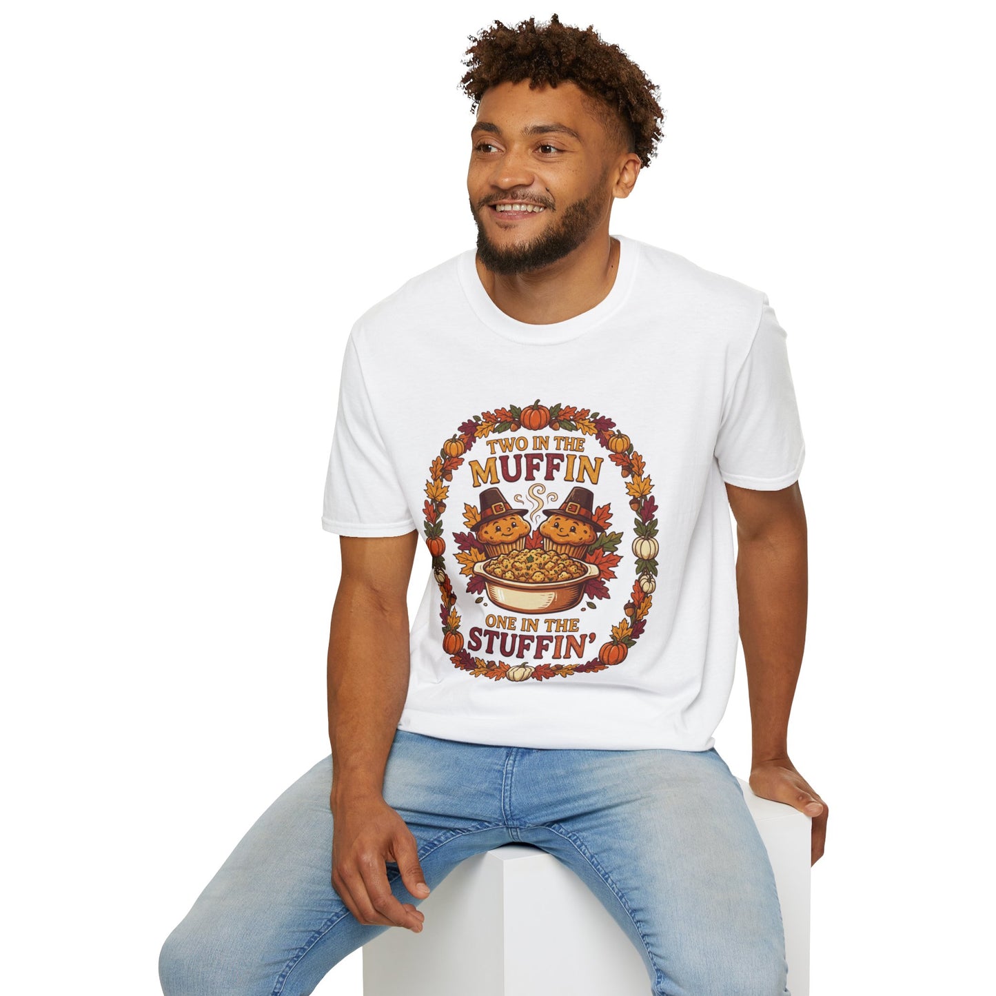 Thanksgiving T-Shirt "Two in the Muffin, One in the Stuffin'" — Cute Pilgrim Turkey Fall Graphic Tee