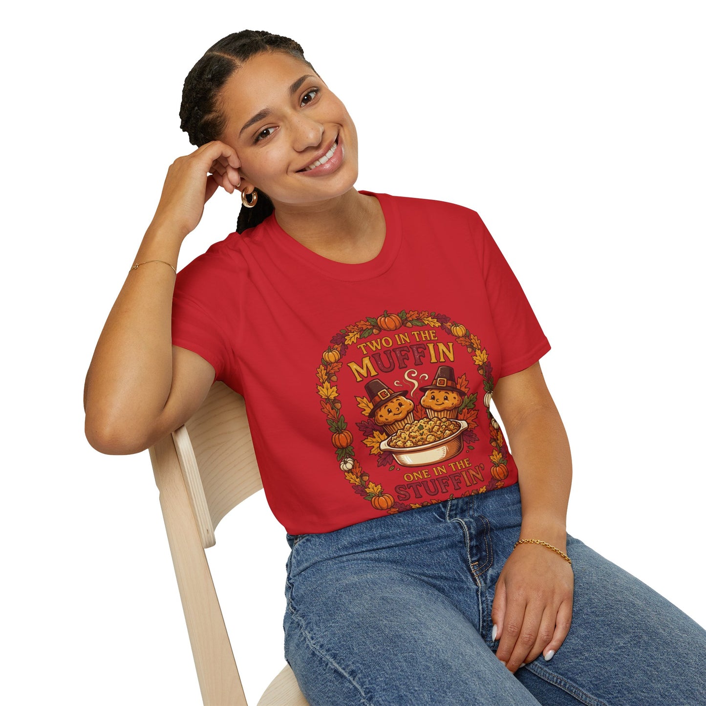 Thanksgiving T-Shirt "Two in the Muffin, One in the Stuffin'" — Cute Pilgrim Turkey Fall Graphic Tee