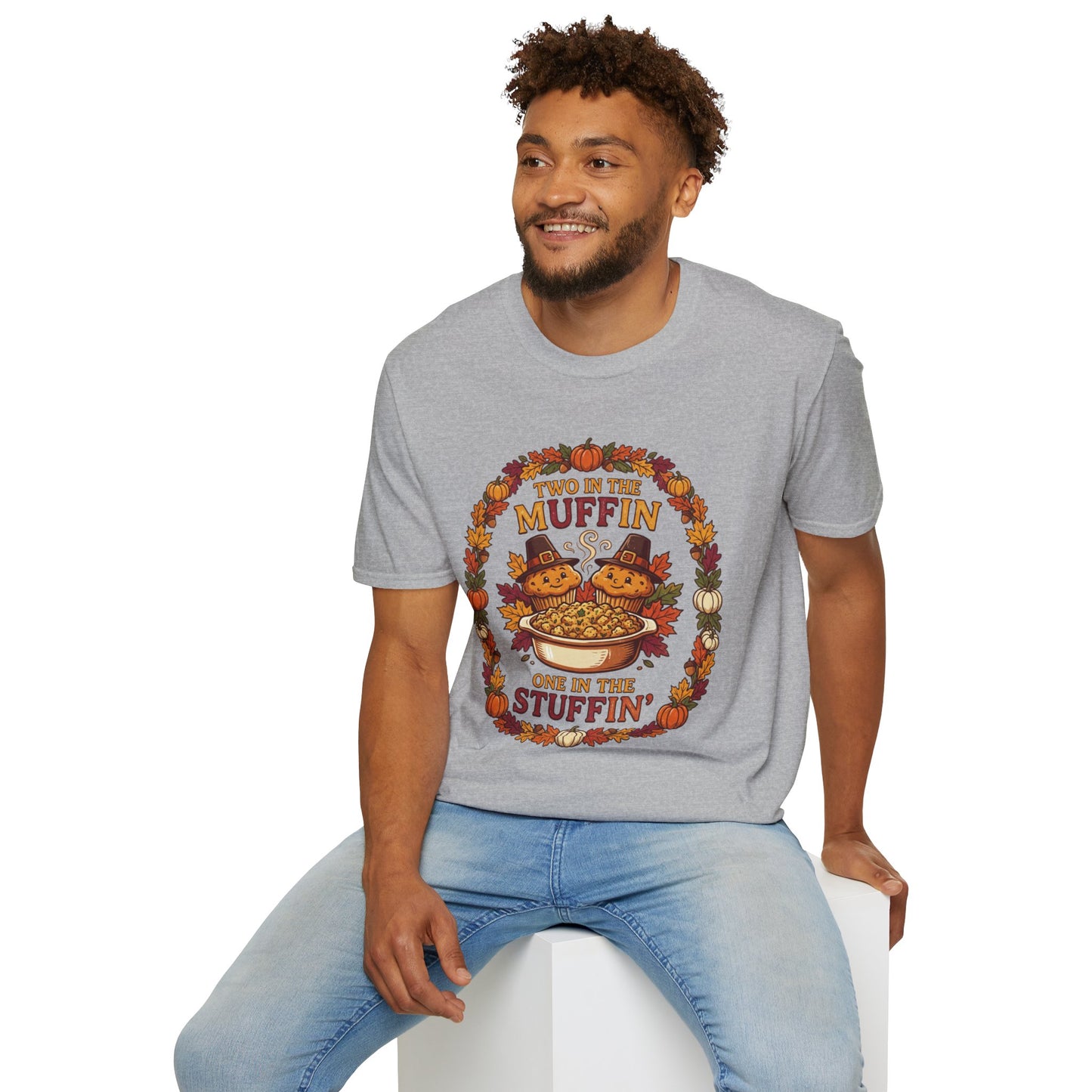 Thanksgiving T-Shirt "Two in the Muffin, One in the Stuffin'" — Cute Pilgrim Turkey Fall Graphic Tee