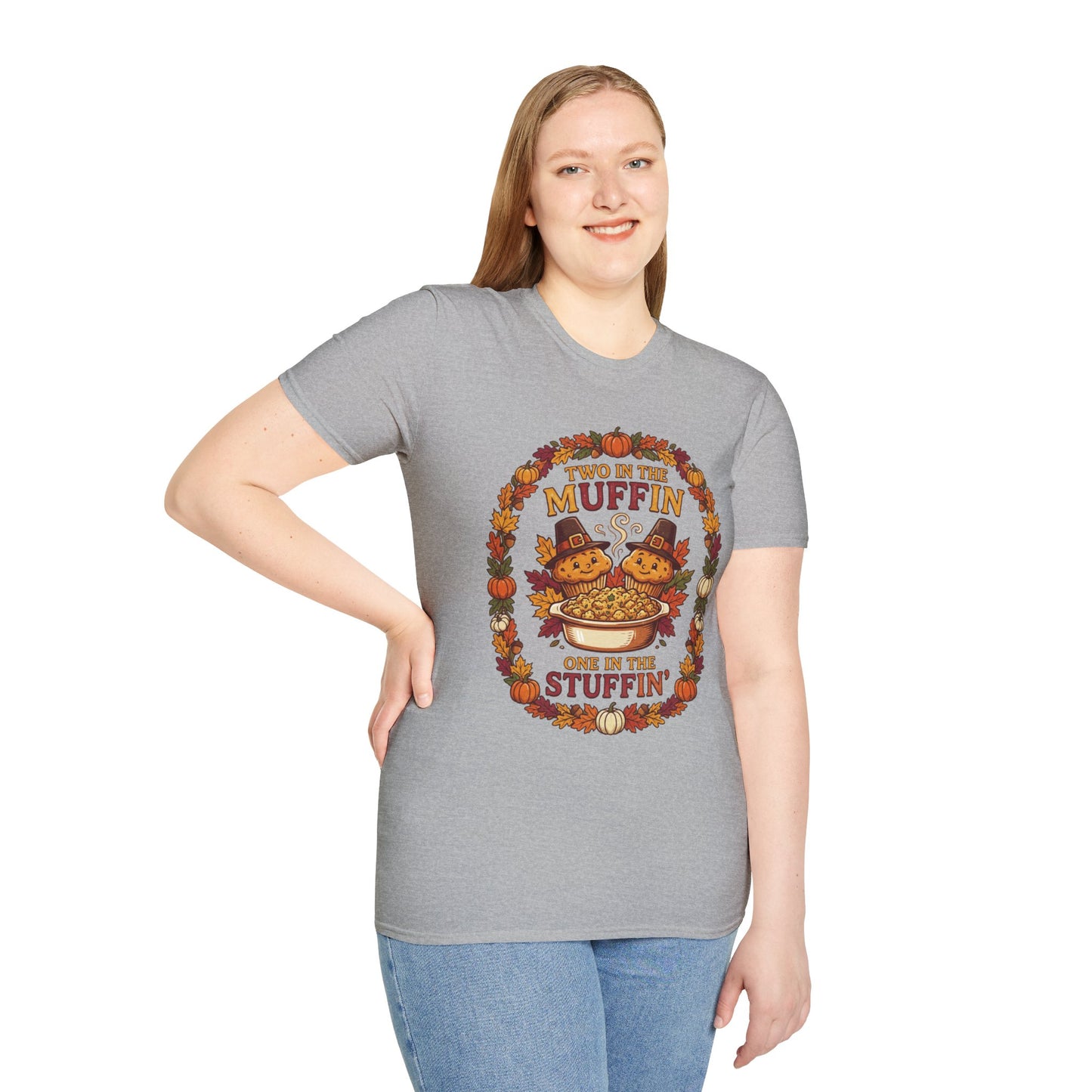 Thanksgiving T-Shirt "Two in the Muffin, One in the Stuffin'" — Cute Pilgrim Turkey Fall Graphic Tee