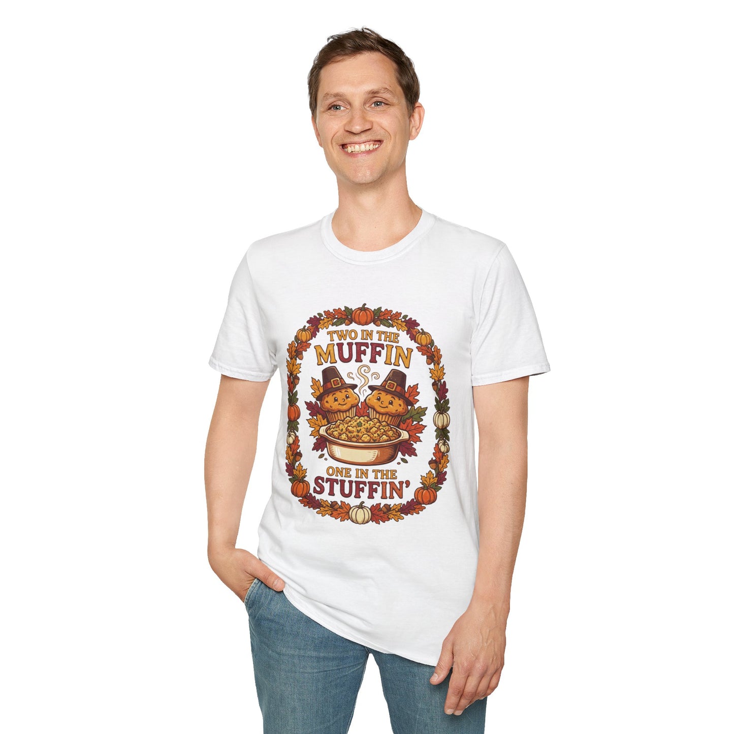 Thanksgiving T-Shirt "Two in the Muffin, One in the Stuffin'" — Cute Pilgrim Turkey Fall Graphic Tee