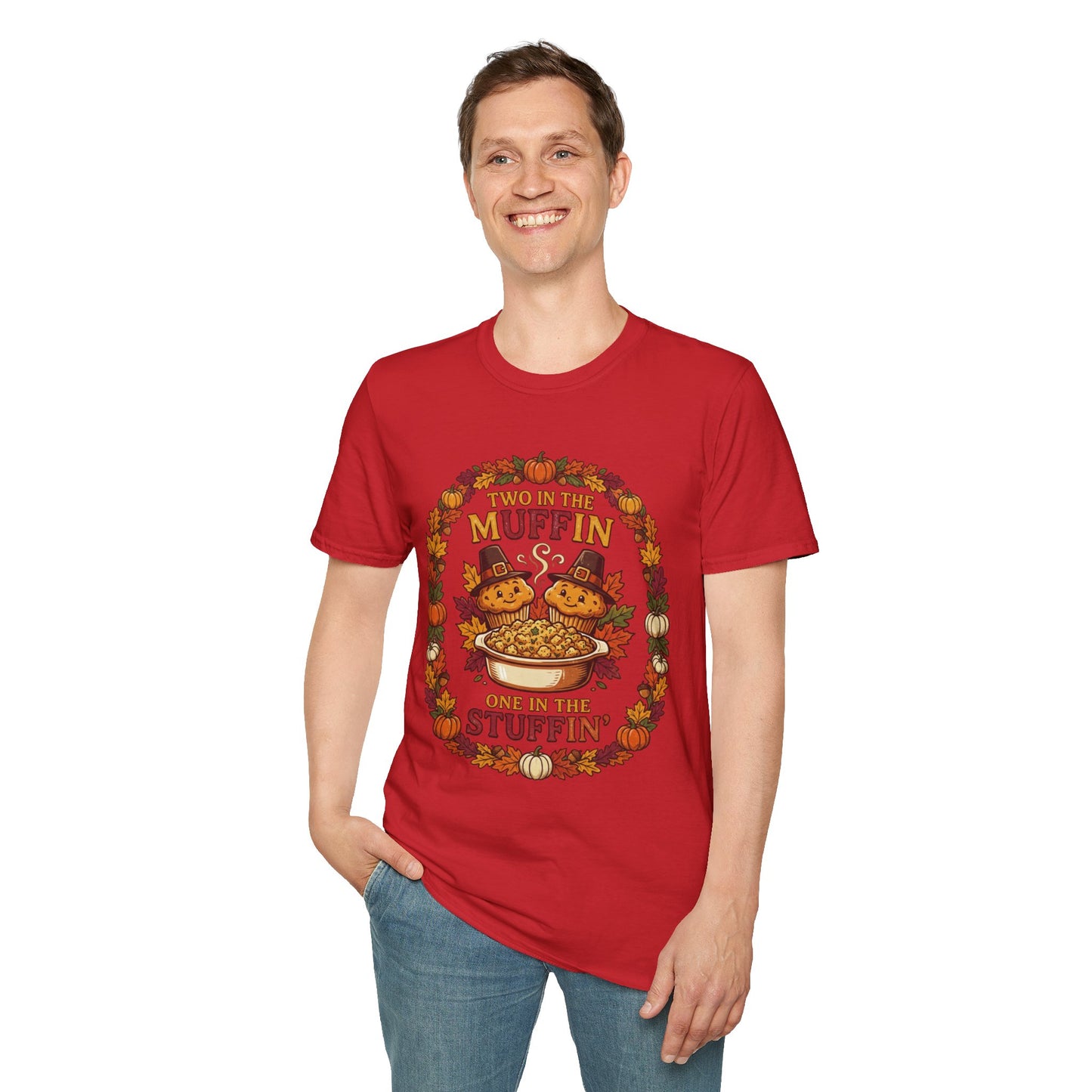 Thanksgiving T-Shirt "Two in the Muffin, One in the Stuffin'" — Cute Pilgrim Turkey Fall Graphic Tee