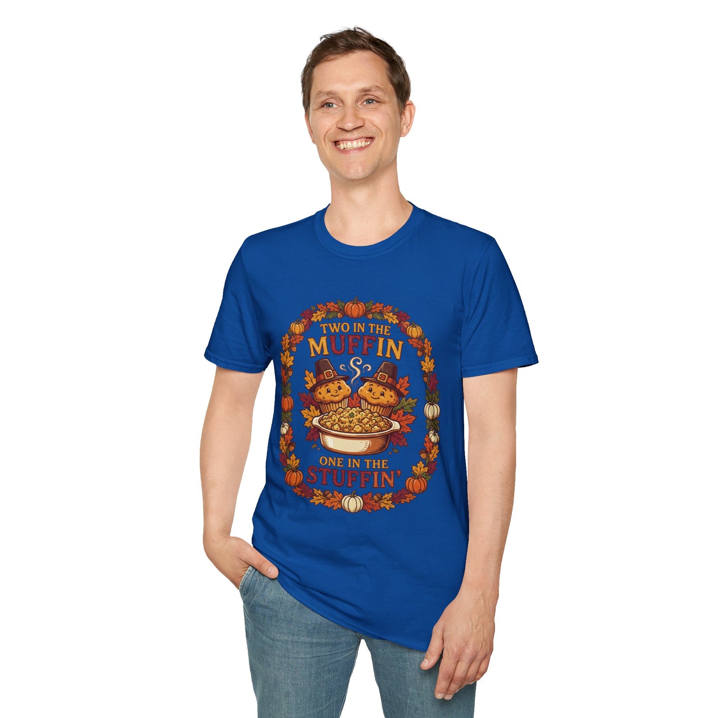 Thanksgiving T-Shirt "Two in the Muffin, One in the Stuffin'" — Cute Pilgrim Turkey Fall Graphic Tee